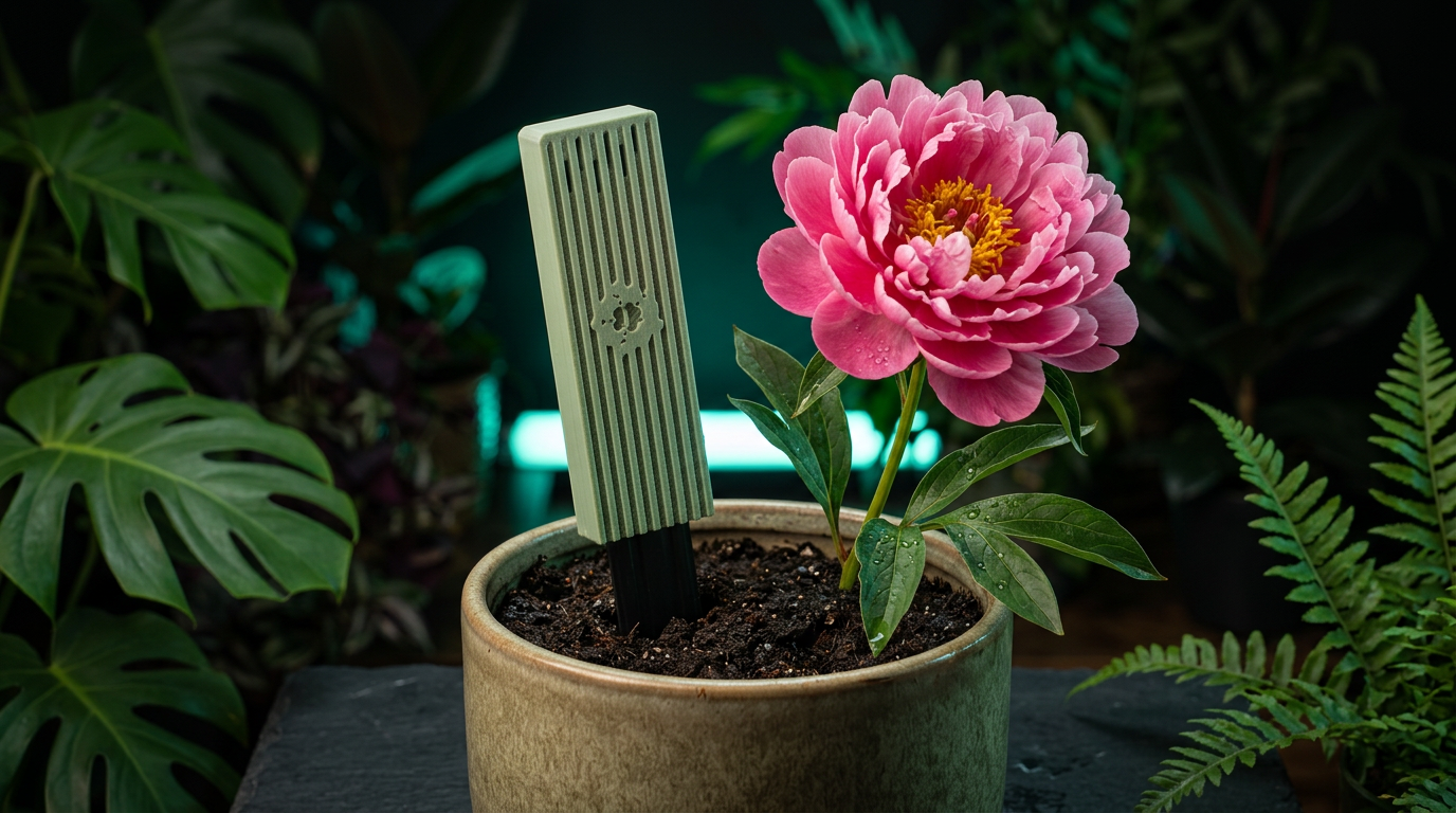 Петр 1 в горшке с землёй и цветком: щуп в почве, замеры у корней