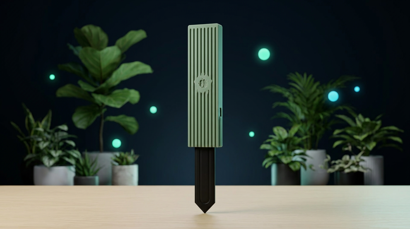 Датчик Петр 1 стоит вертикально на полке среди комнатных растений